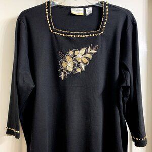 Alfred Dunner Women's Black Blouse with Beige Beading and Design, Size 3X